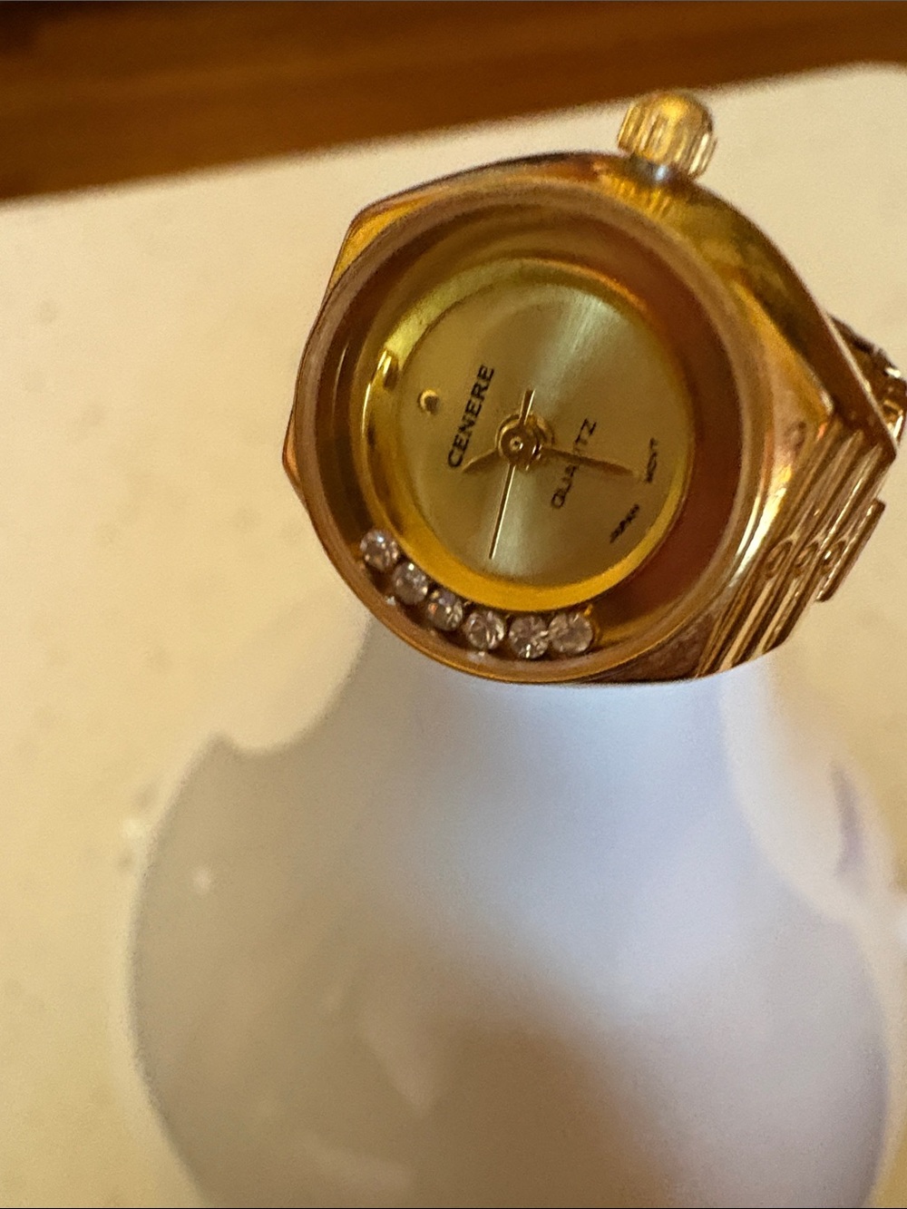 Gold Tone CENERE Quartz Ring Watch with Floating Crystal Accents- Vintage